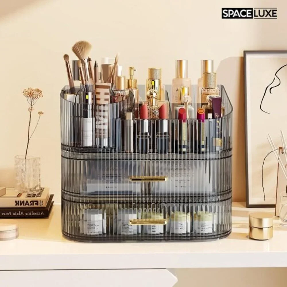 New 3-Layer 360°Rotating Makeup Organizer with Drawers & Brush Holder for Vanity